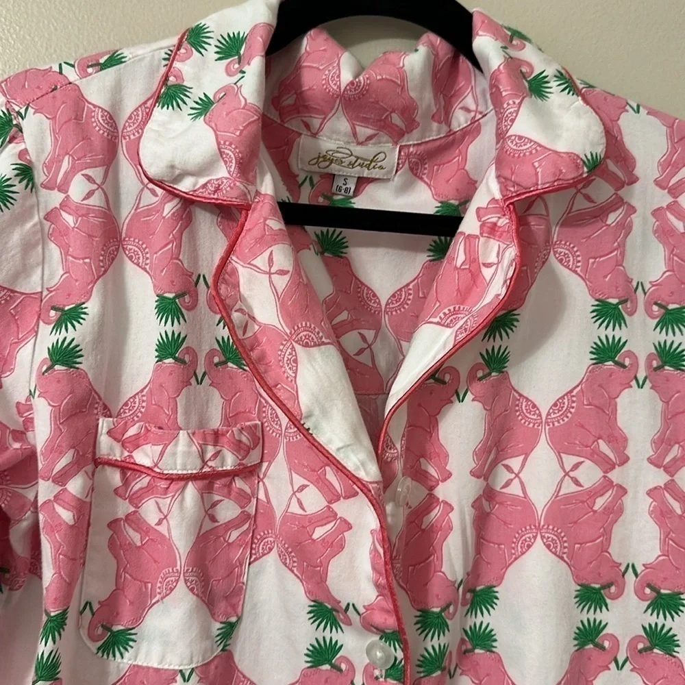 Jaye’s Studio Button Front Sleep Shirt Pink, White&Green Elephant Print Sz Small